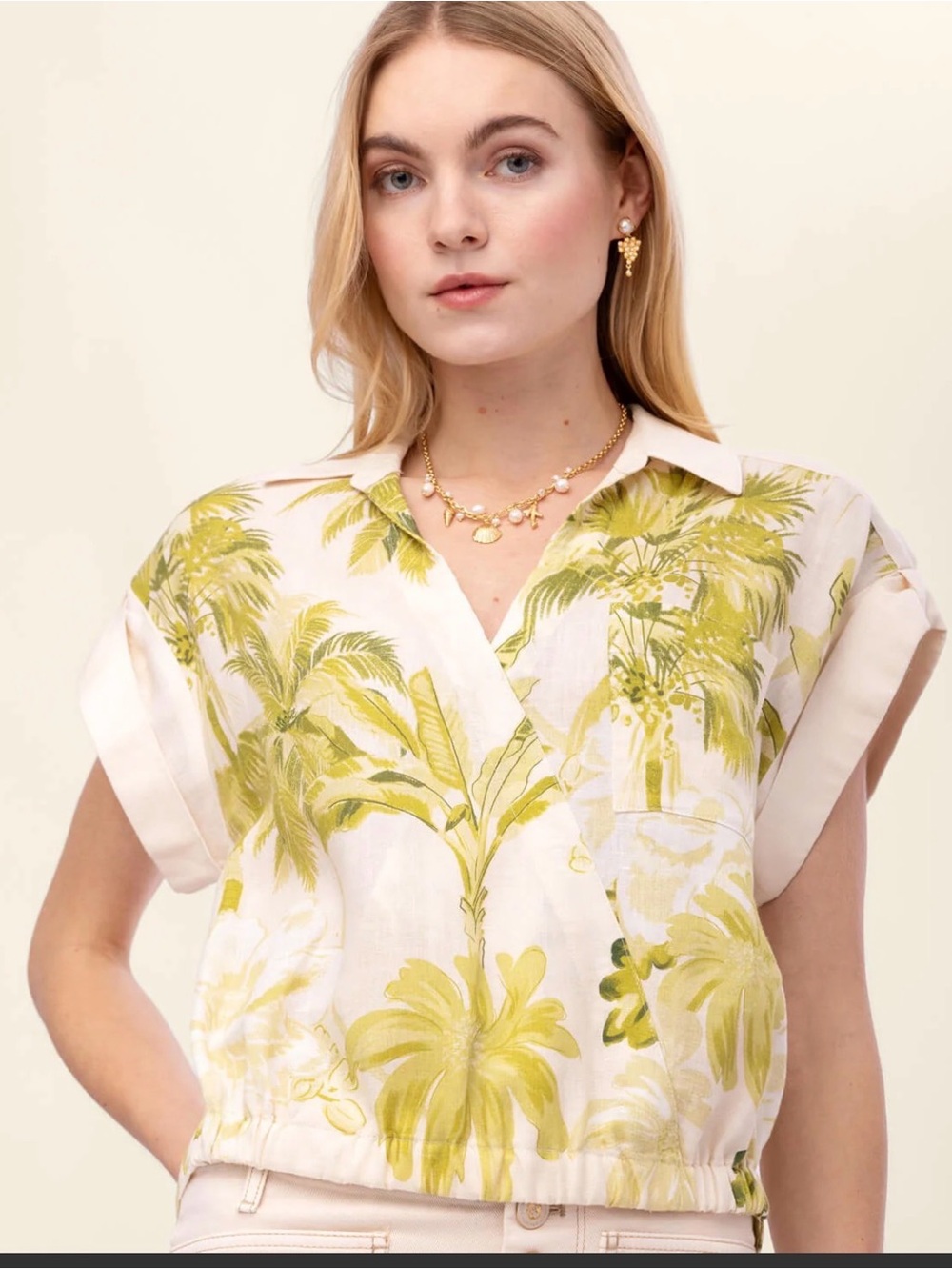 Spartina 449 White Button-Front Shirt with Olive Palm Print